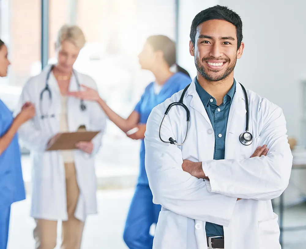 Doctor with Staff in Background